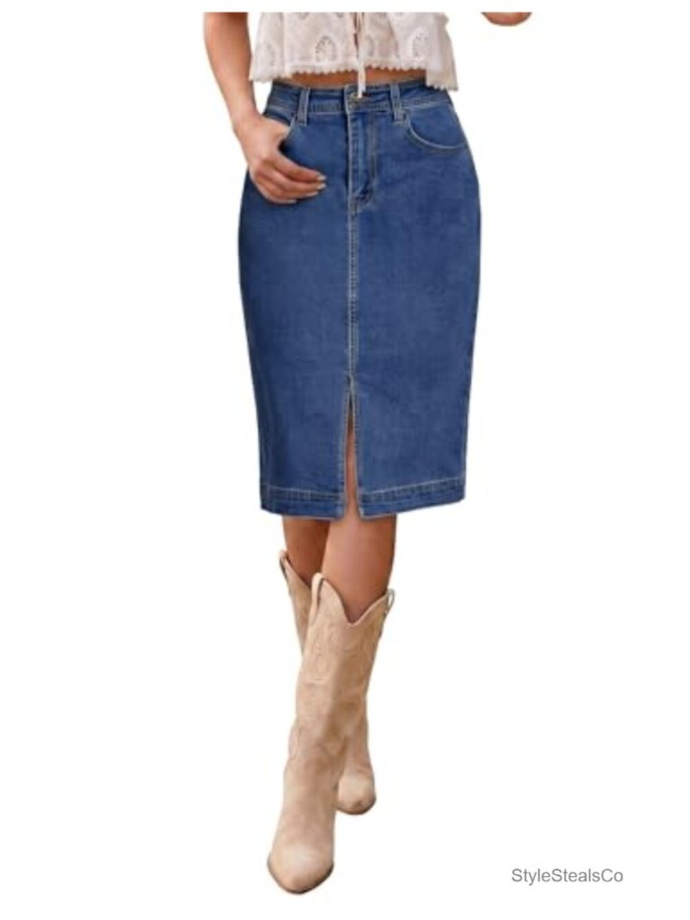 Jean Skirt High Waist Midi Pencil Slit Stretchy Denim